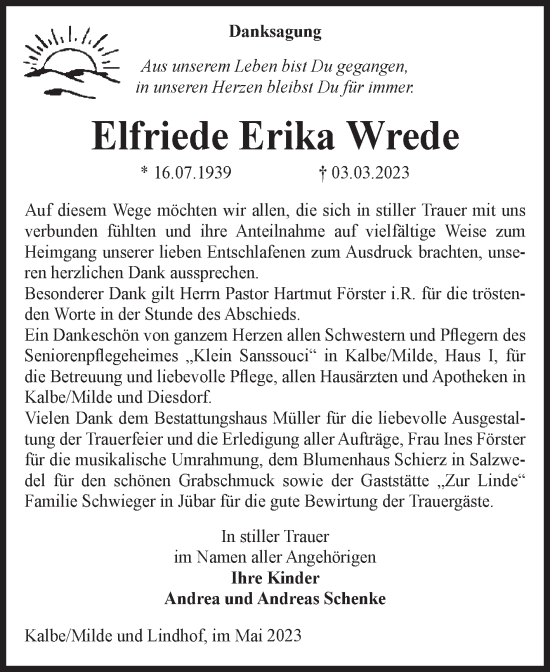 Traueranzeige von Elfriede Erika Wrede von Volksstimme Altmark West