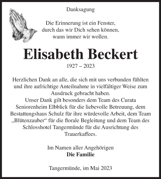 Traueranzeige von Elisabeth Beckert von Volksstimme Altmark Ost