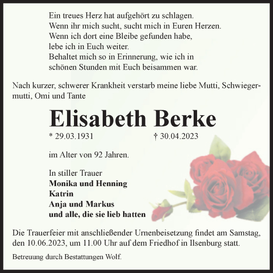 Traueranzeige von Elisabeth Berke von Volksstimme Wernigerode