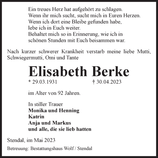 Traueranzeige von Elisabeth Berke von Volksstimme Altmark Ost