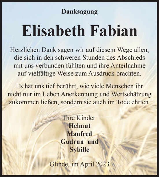 Traueranzeige von Elisabeth Fabian von Volksstimme Schönebeck