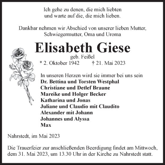 Traueranzeige von Elisabeth Giese von Volksstimme Altmark Ost