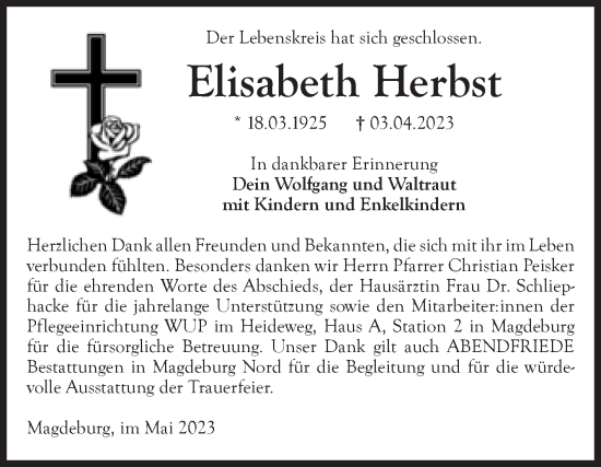 Traueranzeige von Elisabeth Herbst von Volksstimme Magdeburg