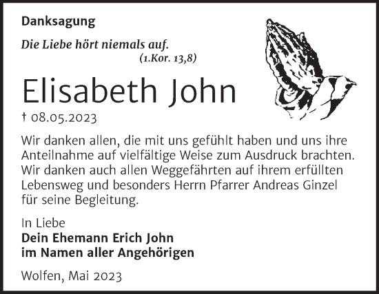 Traueranzeige von Elisabeth John von Trauerkombi Bitterfeld