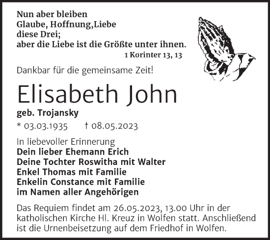 Traueranzeige von Elisabeth John von Trauerkombi Bitterfeld
