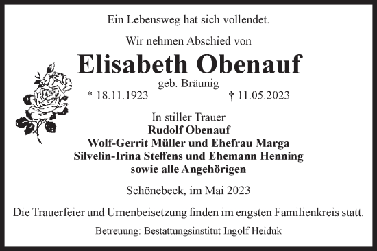 Traueranzeige von Elisabeth Obenauf von Volksstimme Schönebeck