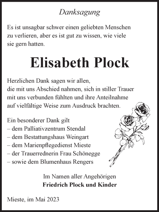 Traueranzeige von Elisabeth Plock von Volksstimme Altmark West