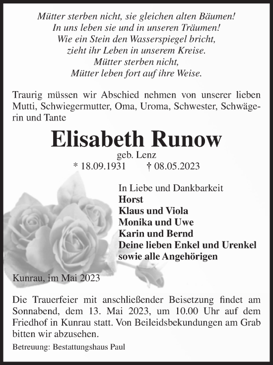 Traueranzeige von Elisabeth Runow von Volksstimme Altmark West