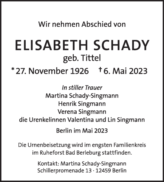 Traueranzeige von Elisabeth Schady von Mitteldeutsche Zeitung Halle/Saalkreis
