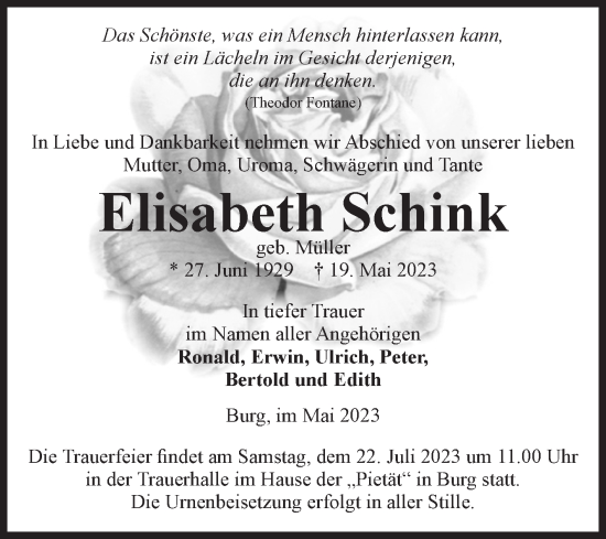 Traueranzeige von Elisabeth Schink von Volksstimme Burg/Genthin