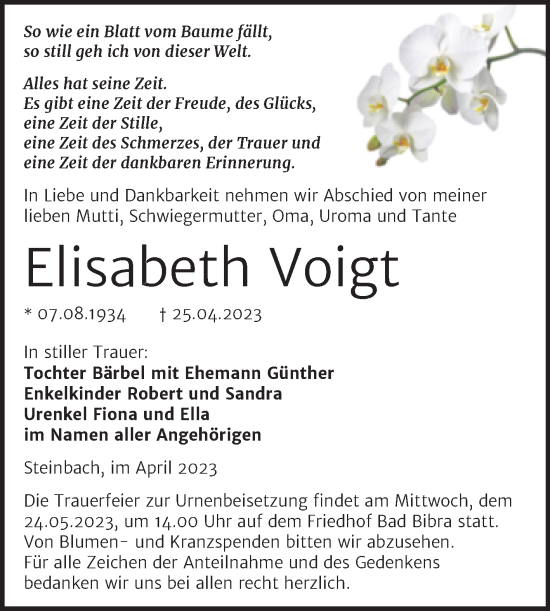 Traueranzeige von Elisabeth Voigt von Wochenspiegel Naumburg/Nebra