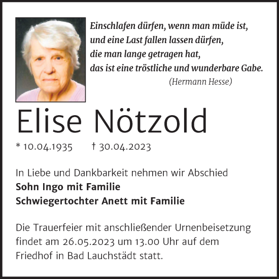 Traueranzeige von Elise Nötzold von Trauerkombi Merseburg