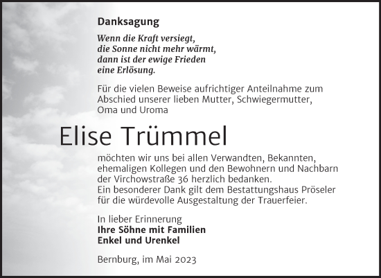 Traueranzeige von Elise Trümmel von Trauerkombi Bernburg