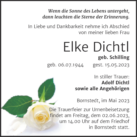Traueranzeige von Elke Dichtl von Trauerkombi Mansfelder Land