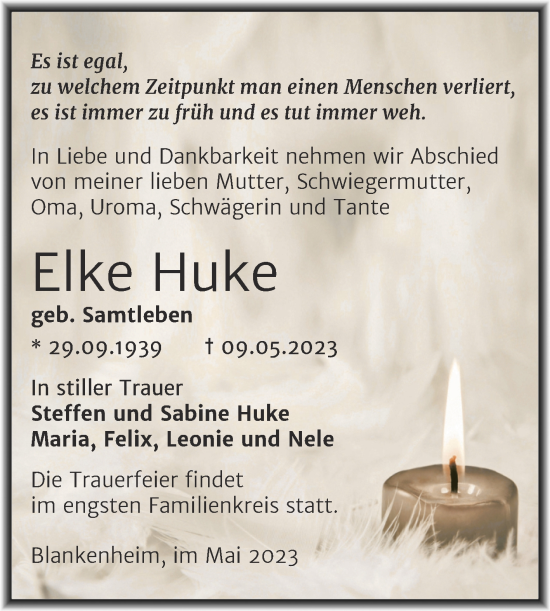 Traueranzeige von Elke Huke von Trauerkombi Sangerhausen