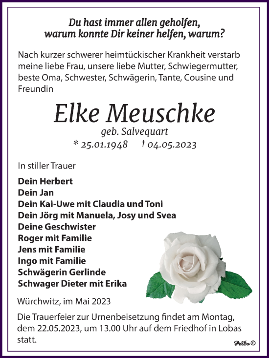 Traueranzeige von Elke Meuschke von Trauerkombi Zeitz