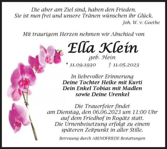 Traueranzeige von Ella Klein von Volksstimme Haldensleben/Wolmirstedt