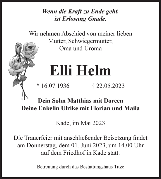 Traueranzeige von Elli Helm von Volksstimme Burg/Genthin