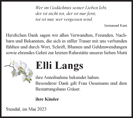 Traueranzeige von Elli Langs von Volksstimme Altmark Ost