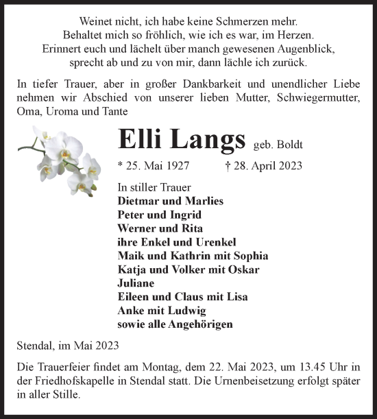Traueranzeige von Elli Langs von Volksstimme Altmark Ost