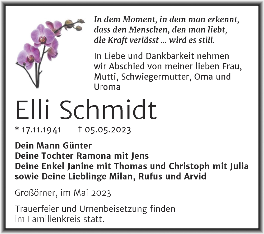  Traueranzeige für Elli Schmidt vom 13.05.2023 aus Trauerkombi Mansfelder Land
