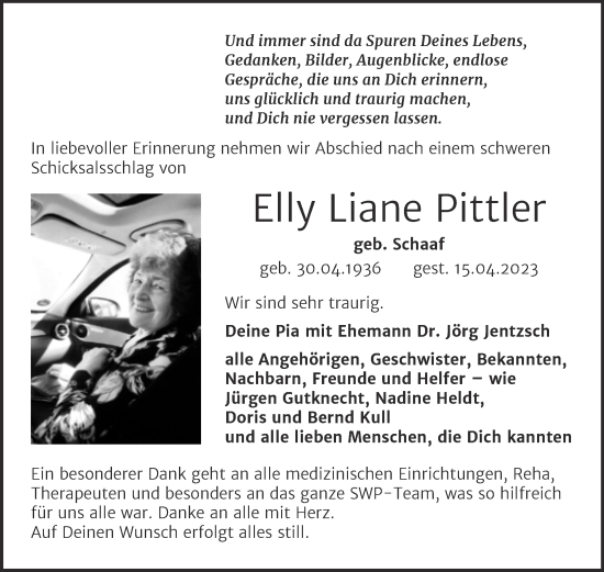 Traueranzeige von Elly Liane Pittler von Mitteldeutsche Zeitung Merseburg/Querfurt