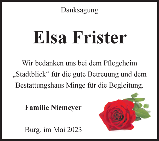 Traueranzeige von Elsa Frister von Volksstimme Burg/Genthin