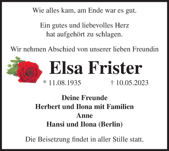 Traueranzeige von Elsa Frister von Volksstimme Burg/Genthin