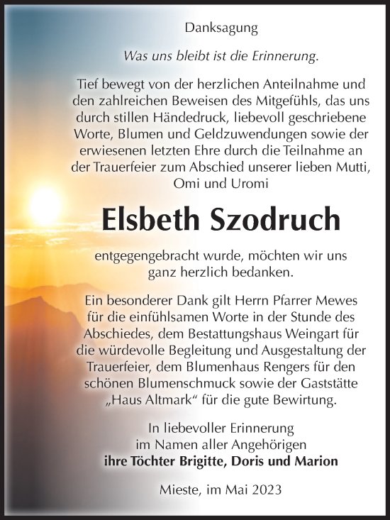 Traueranzeige von Elsbeth Szodruch von Volksstimme Altmark West