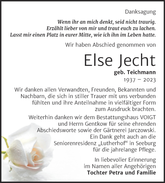 Traueranzeige von Else Jecht von Trauerkombi Mansfelder Land