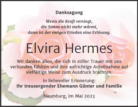 Traueranzeige von Elvira Hermes von Wochenspiegel Naumburg/Nebra