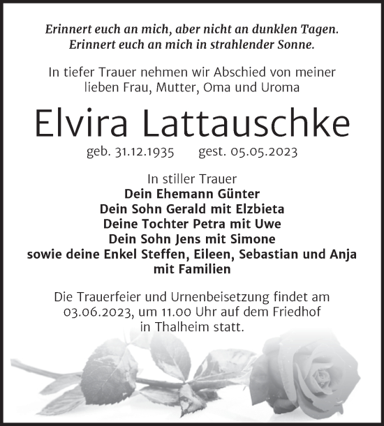 Traueranzeige von Elvira Lattauschke von Trauerkombi Bitterfeld