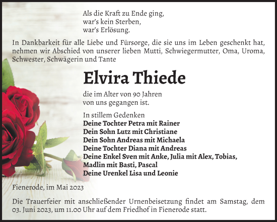 Traueranzeige von Elvira Thiede von Volksstimme Burg/Genthin