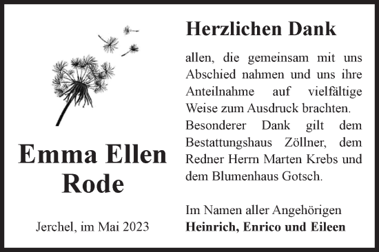 Traueranzeige von Emma Ellen Rode von Volksstimme Altmark Ost