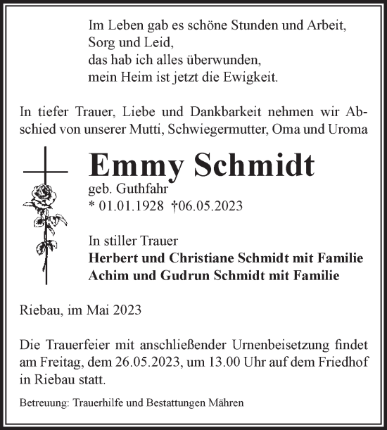 Traueranzeige von Emmy Schmidt von Volksstimme Altmark West