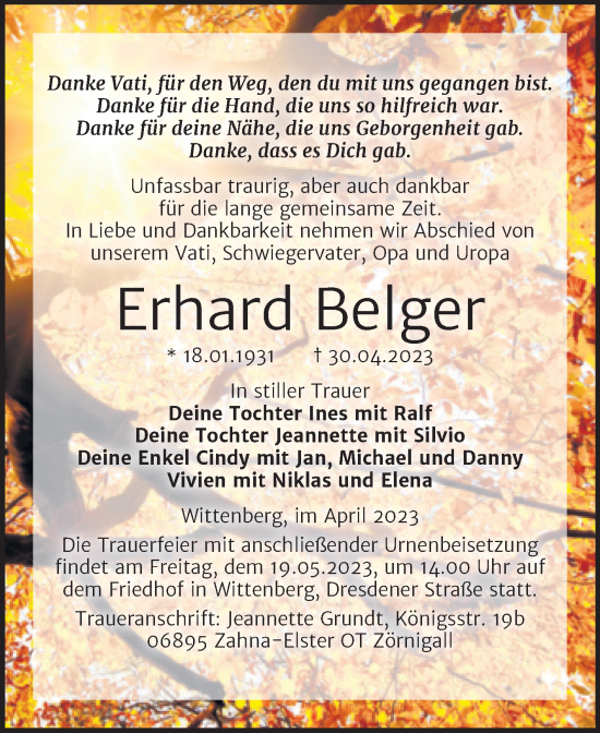 Traueranzeige von Erhard Belger von Trauerkombi Wittenberg