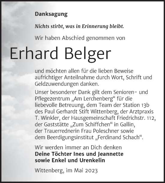Traueranzeige von Erhard Belger von Trauerkombi Wittenberg