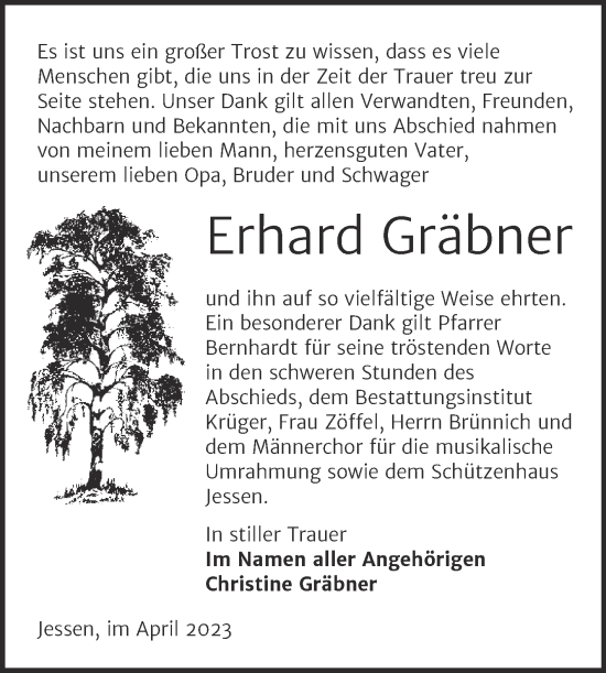 Traueranzeige von Erhard Gräbner von Trauerkombi Wittenberg