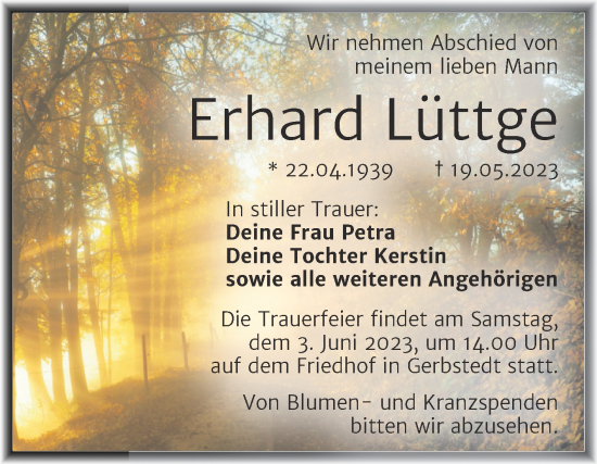 Traueranzeige von Erhard Lüttge von Trauerkombi Mansfelder Land