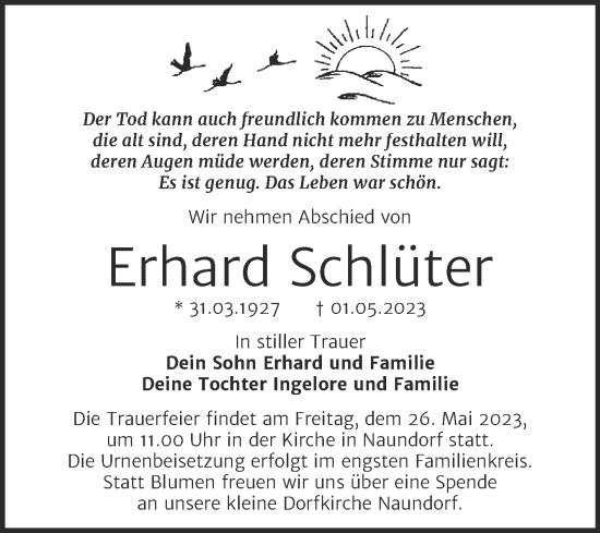 Traueranzeige von Erhard Schlüter von Trauerkombi Wittenberg