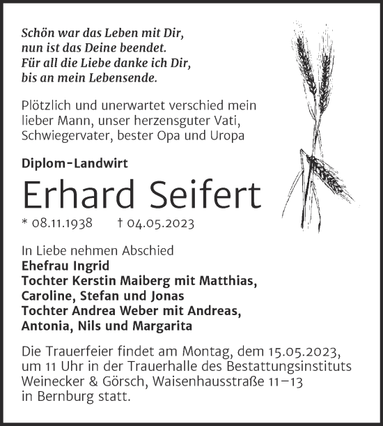 Traueranzeige von Erhard Seifert von Trauerkombi Bernburg