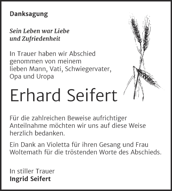 Traueranzeige von Erhard Seifert von Trauerkombi Bernburg