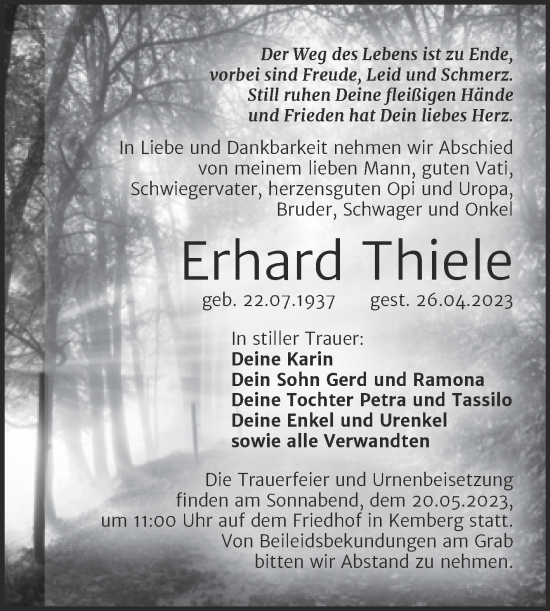 Traueranzeige von Erhard Thiele von Trauerkombi Wittenberg