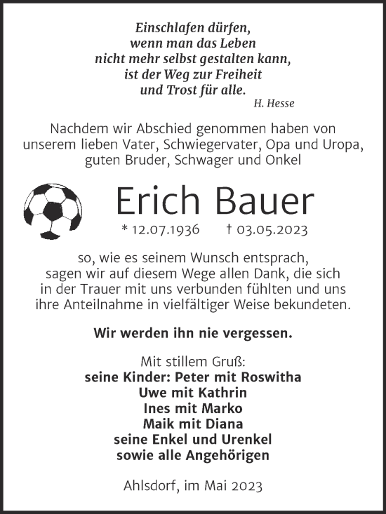 Traueranzeige von Erich Bauer von Trauerkombi Mansfelder Land