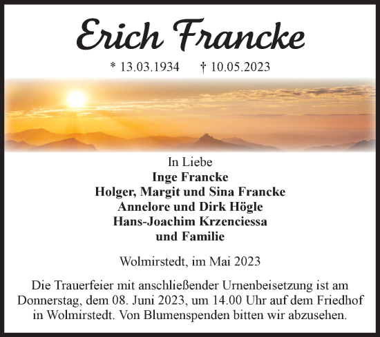 Traueranzeige von Erich Francke von Volksstimme Haldensleben/Wolmirstedt