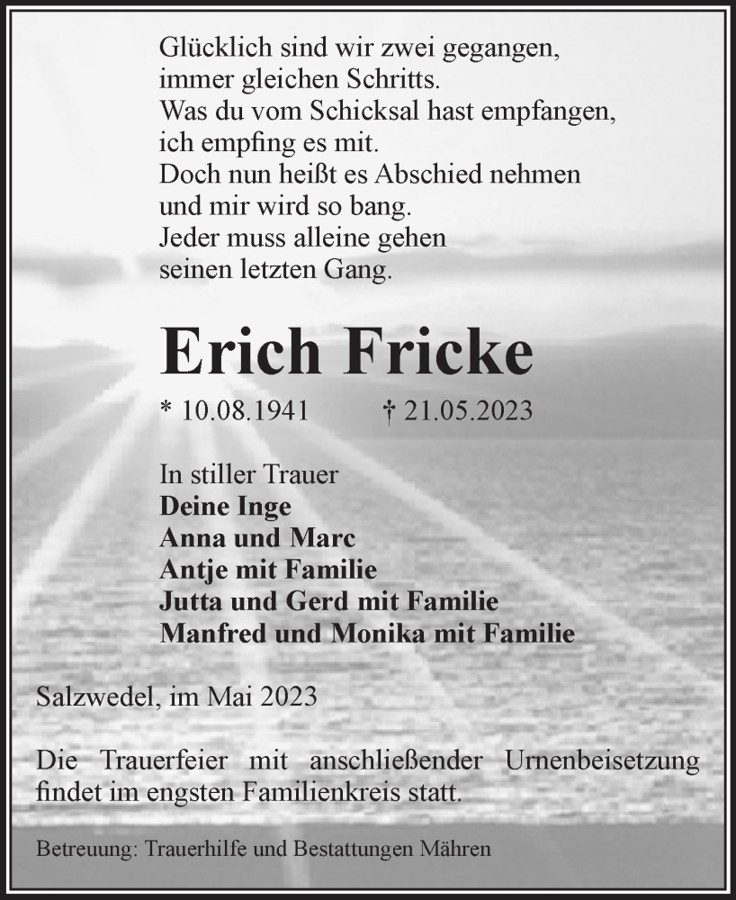  Traueranzeige für Erich Fricke vom 24.05.2023 aus Volksstimme Altmark West