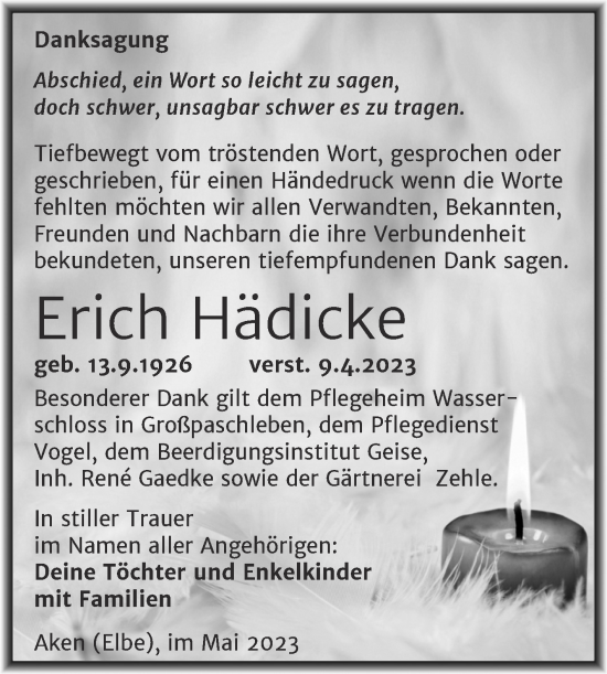 Traueranzeige von Erich Hädicke von Trauerkombi Köthen
