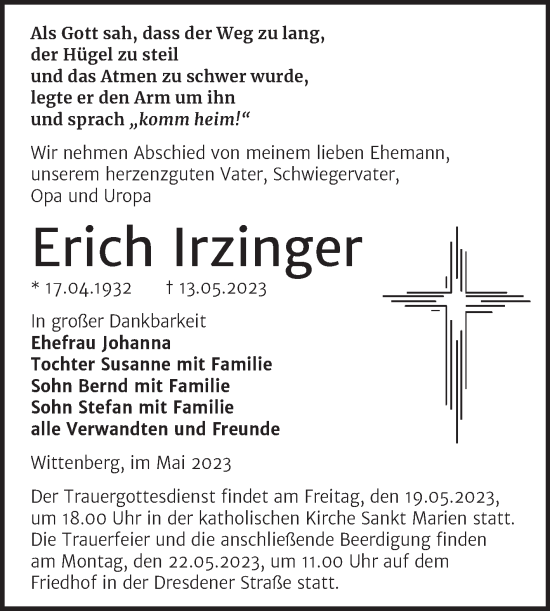 Traueranzeige von Erich Irzinger von Trauerkombi Wittenberg