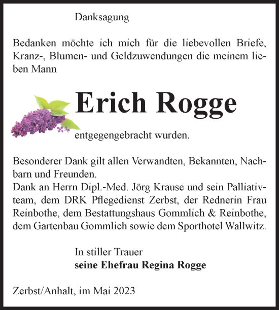 Traueranzeige von Erich Rogge von Volksstimme Zerbst
