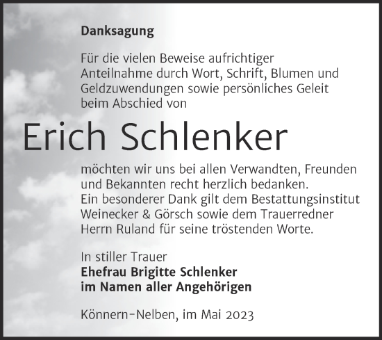 Traueranzeige von Erich Schlenker von Trauerkombi Bernburg